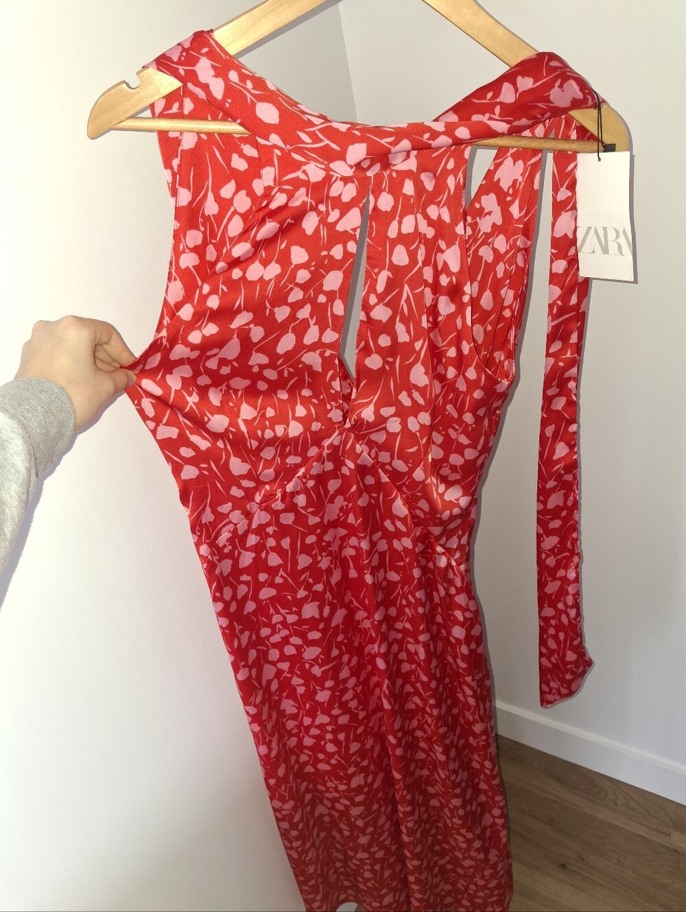 Zara Red One-Shoulder Printed Tie Detail Dress